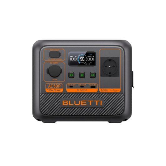 BLUETTI AC50P portable power station 700W | 504 Wh. Menggunakan Baterai LiFePO. Berwarna hitam dengan corak merah.